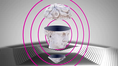 animación de un busto de escultura clásica masculina empalhado sobre anillos rosados y hexágonos blancos y grises