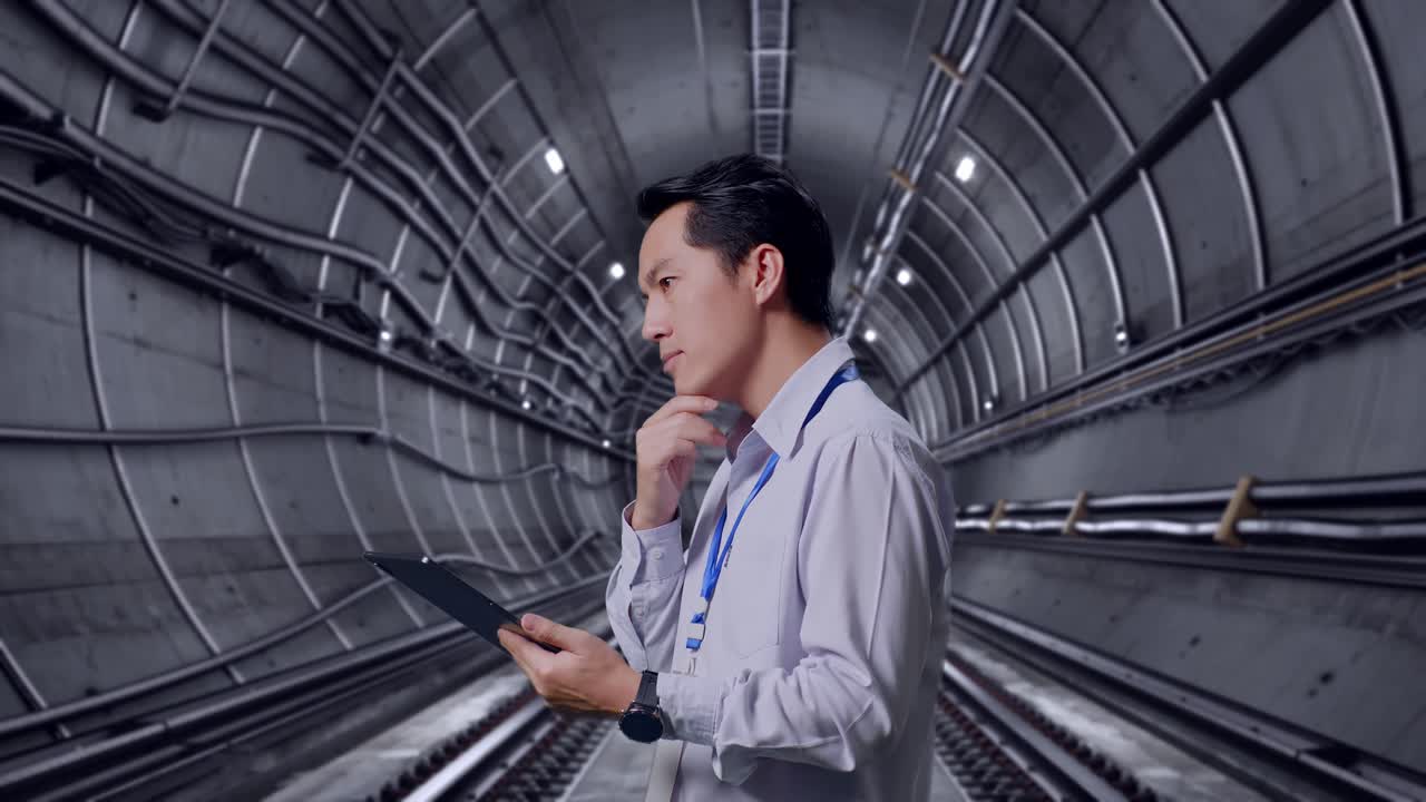 Side View Of An Asian Male Professional Worker In Underground Subway Tunnel, Observes By Looking Up Before He Come To Concentrating On The Tablet And Keep On Checking