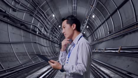 side view of an asian male professional worker in underground subway tunnel, observes by looking up before he come to concentrating on the tablet and keep on checking