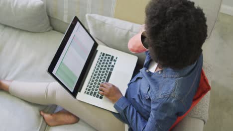 happy african american woman sitting on sofa, using laptop