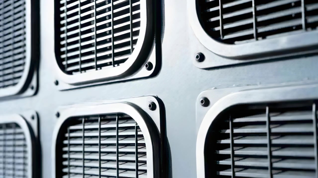 Shifting camera moving right, adjusting focus to document metal panel, vent grilles louvers screws