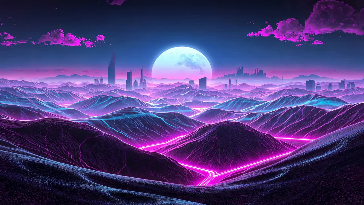 Camera dollying forward, neon ridges revealing converging magenta-cyan paths to skyline under moon