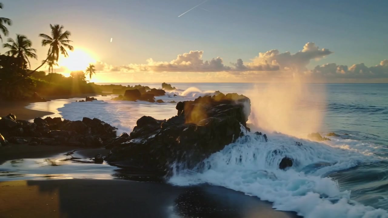Ondulação crescente empurrando ondas que atingem afloramentos de rocha vulcânica na areia preta ao nascer do sol, produzindo borrifos.