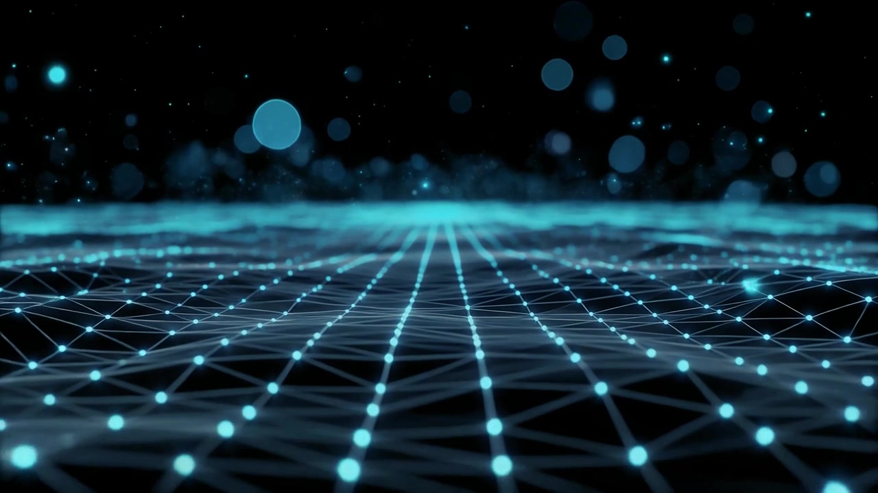 Animated Digital Network Grid with Glowing Blue Connections and Particles