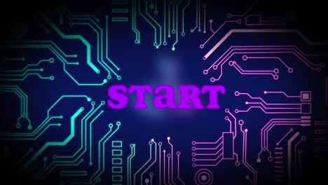 Animation-of-start-text-in-pink-letters-over-glowing-circuit-board