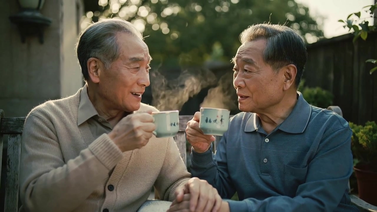 微笑著，舉起茶杯，年長男士們穿著開襟羊毛衫和Polo衫，在花園長椅上牽手，紀念彼此的情誼。