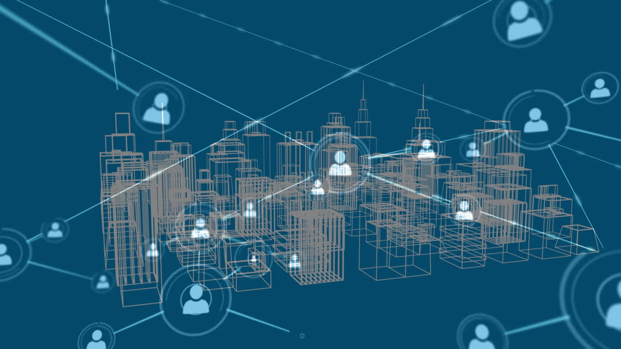 Animation of network of connections with media icons over city on blue background