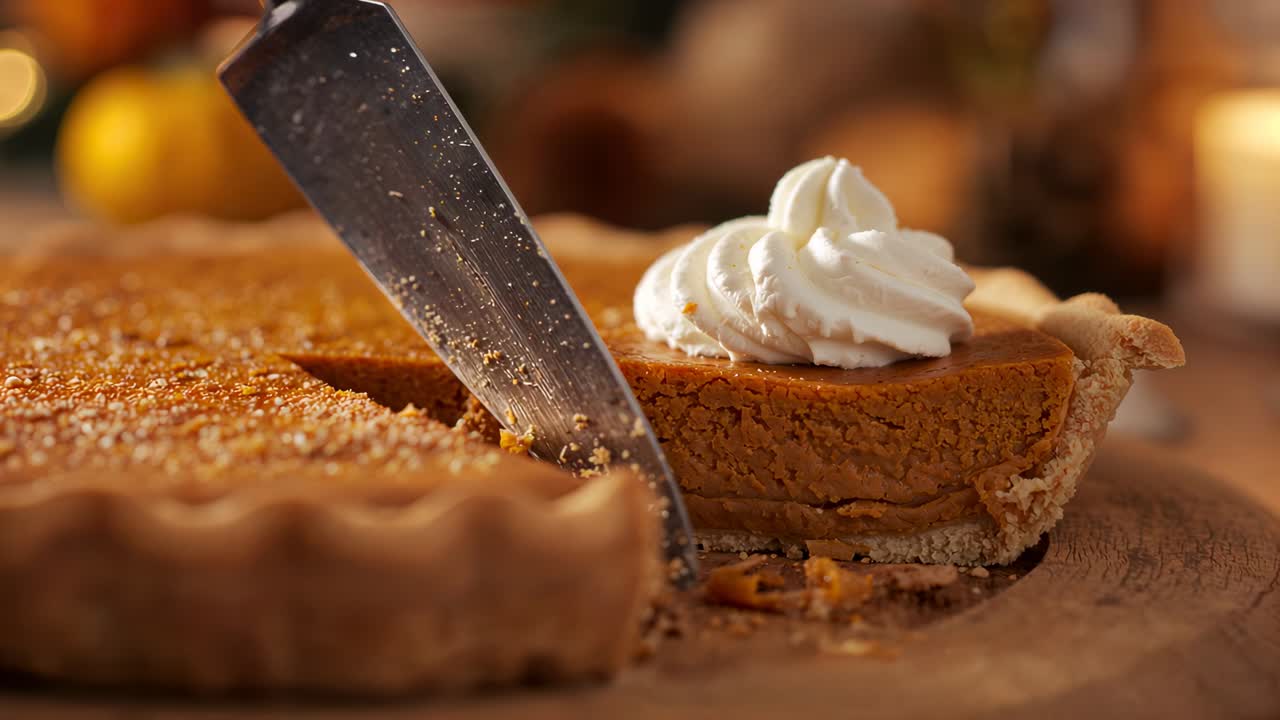 Cutting metal knife removing pumpkin pie slice on wood board to serve leaving whipped-cream crumbs