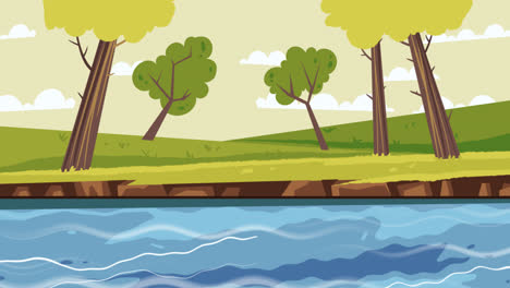 an animation of a hand drawn flat design lake scenery