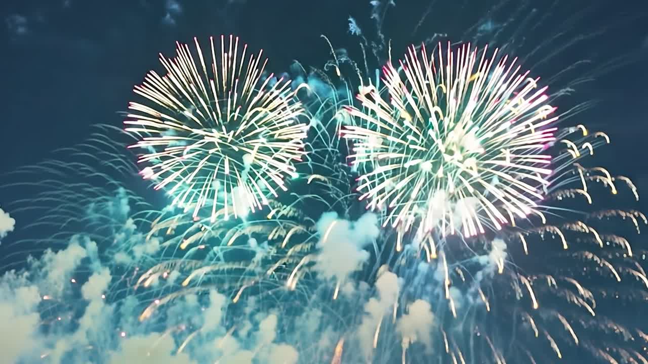 다채로운 불꽃놀이가 어두운 밤 하늘에서 터져나와 축제와 축제 행사를 위해 활기찬 전시를 만니다.