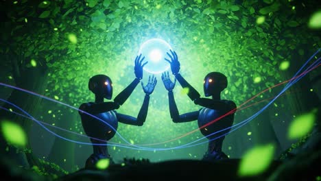two humanoid robots in a lush, green forest, collaboratively holding a glowing sphere that emanates energy, capturing a moment of connection and innovation in nature.