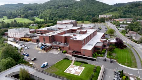 aerial push in over the helicopter pad at appalachian regional healthcare in boone nc, north carolina