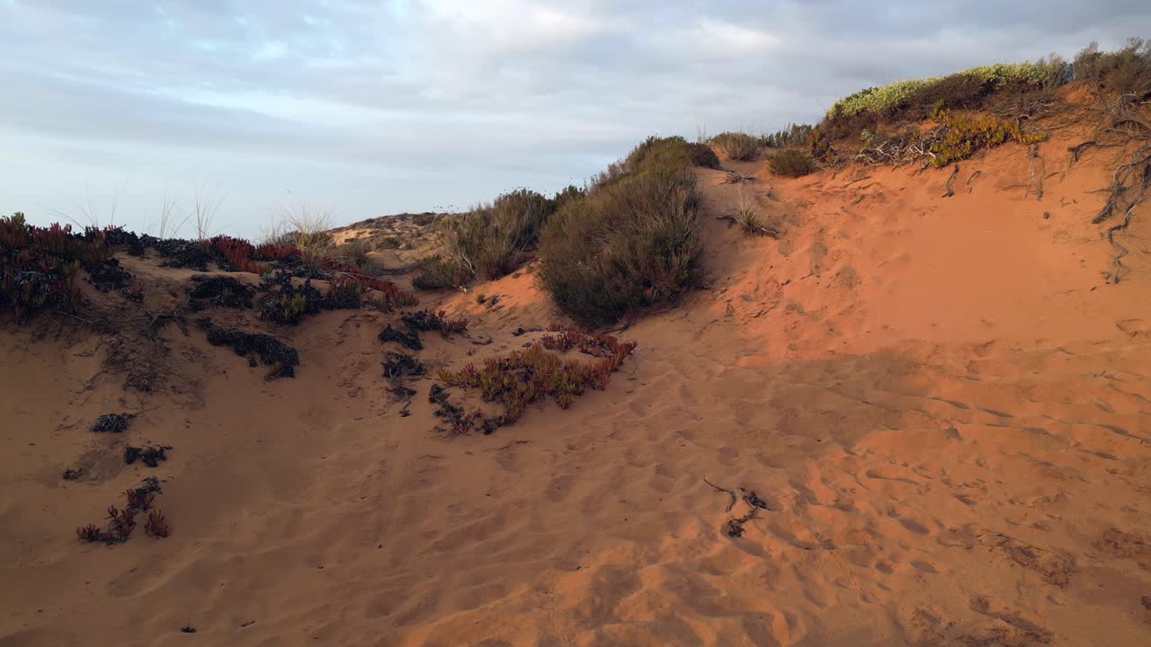 Camping tent pitched on golden sand atop ocean cliffs in Portugal