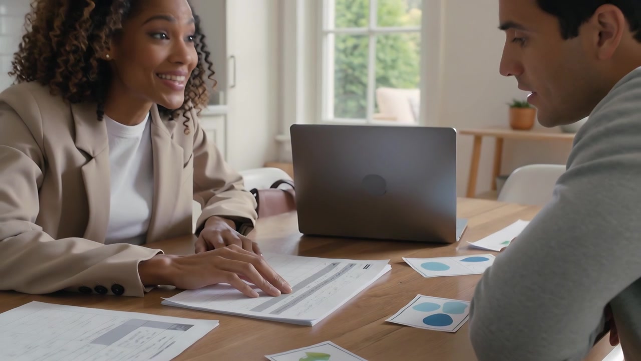 Wijzende vrouw in een beige blazer die thuis een rapport bekijkt op haar laptop, terwijl een man in een trui reageert.