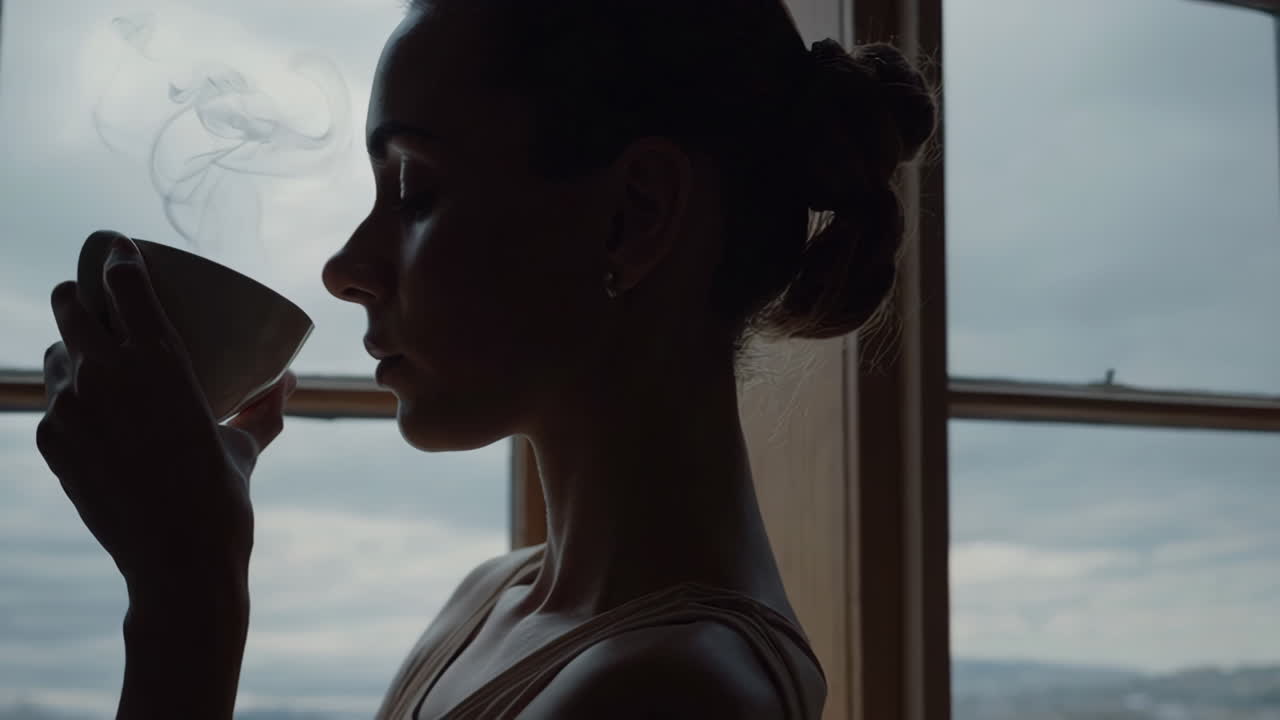 mujer disfrutando de una bebida caliente junto a la ventana