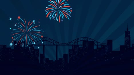 colorful fireworks burst above a silhouetted cityscape, creating a lively and festive nighttime atmosphere
