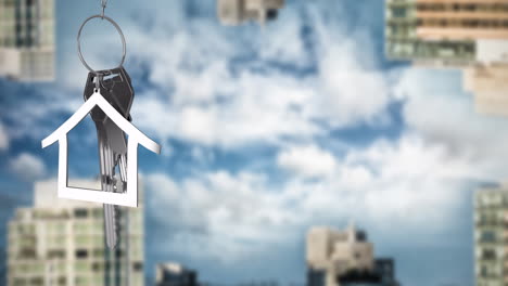 animation of silver house key and jey fob over cityscape