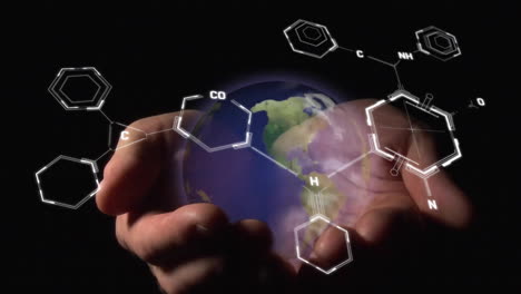 animación de procesamiento de datos científicos y globo ove manos del hombre caucásico