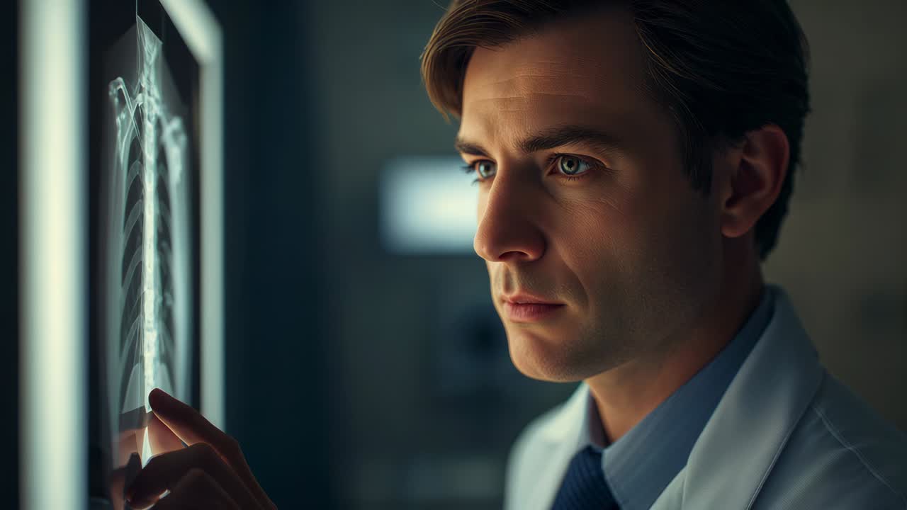 Positioning at X-ray viewer, Dr in lab coat tracing chest X-ray with fingertip diagnosing in clinic