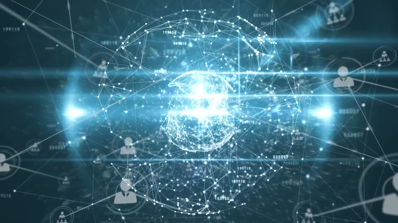 파란색 배경에 아이콘과 모양으로 연결 네트워크의 애니메이션