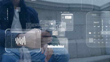 animación del procesamiento de datos sobre un hombre caucásico usando un teléfono inteligente