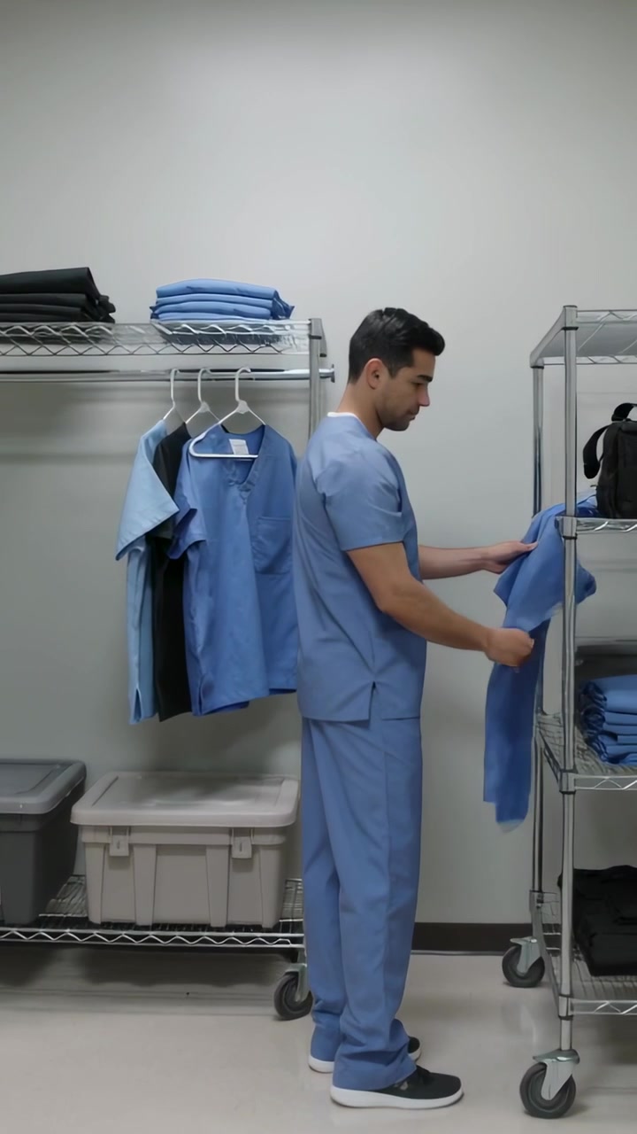 Video verticale: Un uomo in divisa medica blu porta una casacca piegata e rifornisce uno scaffale a rete in una stanza di rifornimento.
