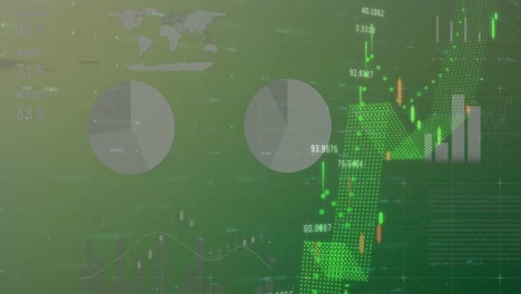 animation of financial data processing and statistics over green background