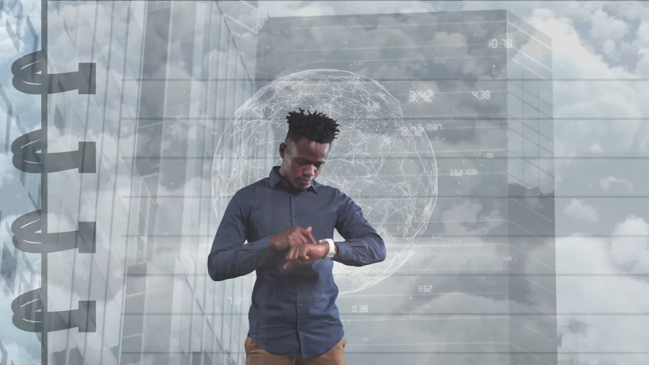 Animation of african american businessman using smartwatch over globe and modern building