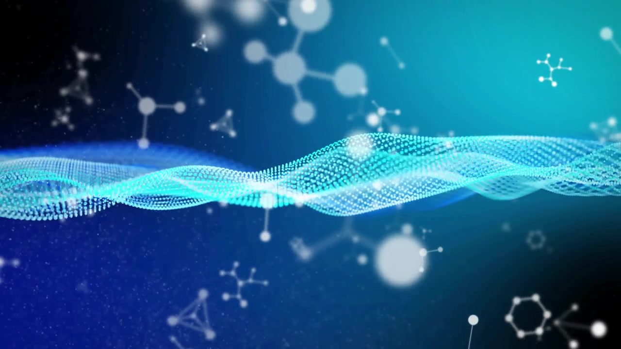 青藍色點狀波形從左側出現，振幅變化並滑動以視覺化分子數據。
