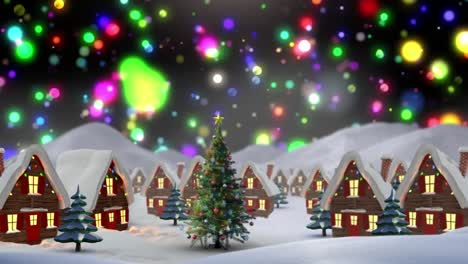 Animation-of-winter-scenery-with-decorated-houses-and-christmas-tree-on-black-background