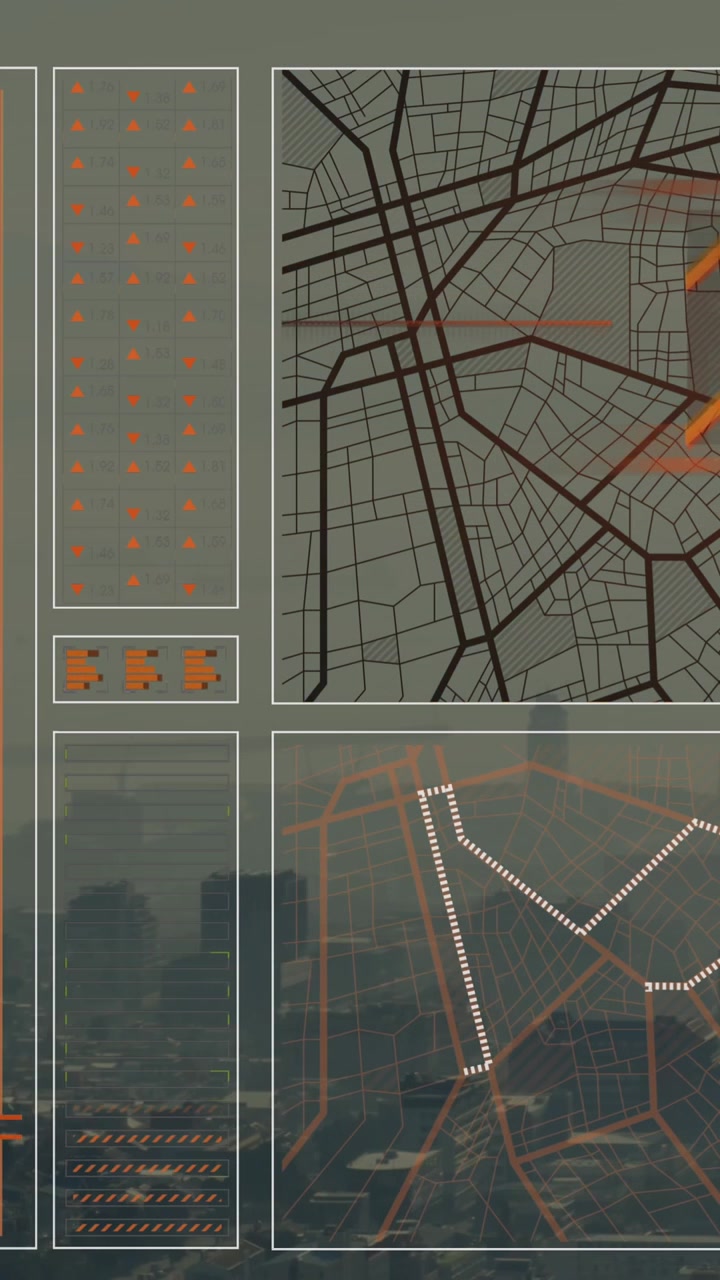 Animation of interface with data processing against aerial view of cityscape