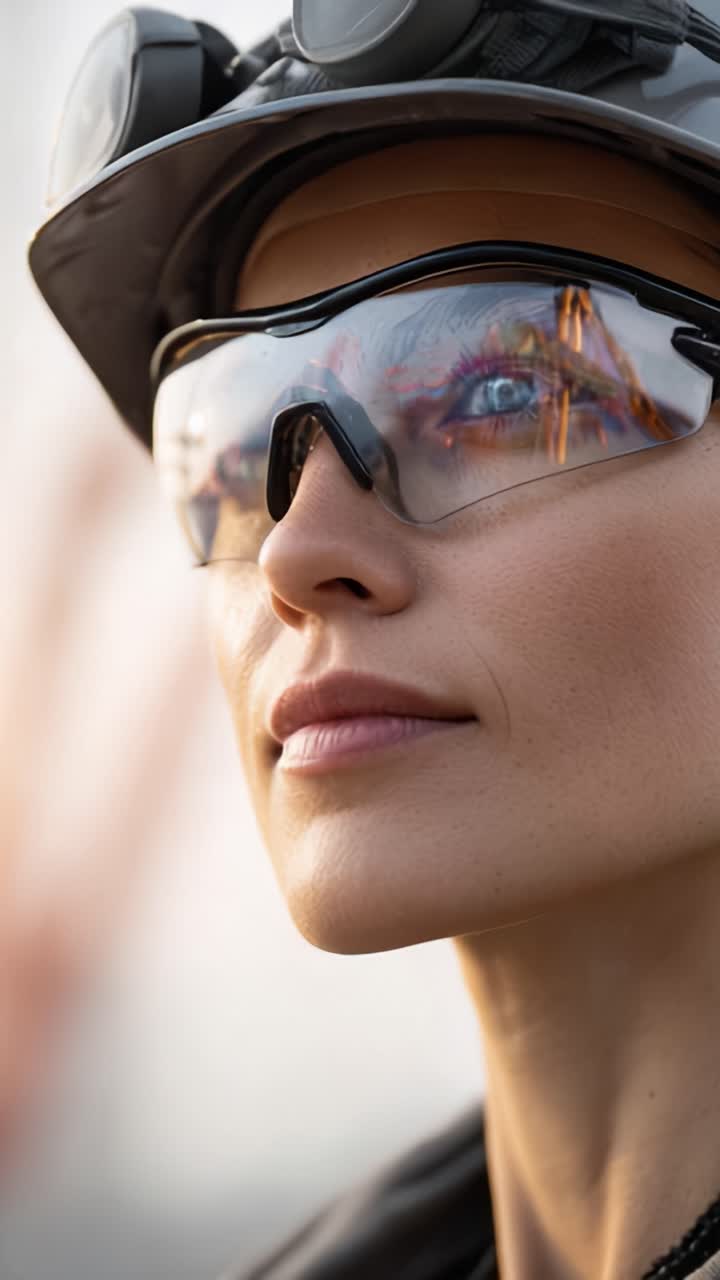 A Close-Up Portrait of a Confident Woman Wearing Protective Gear and Sunglasses, Capturing a Moment of Determination Against a Bright Background