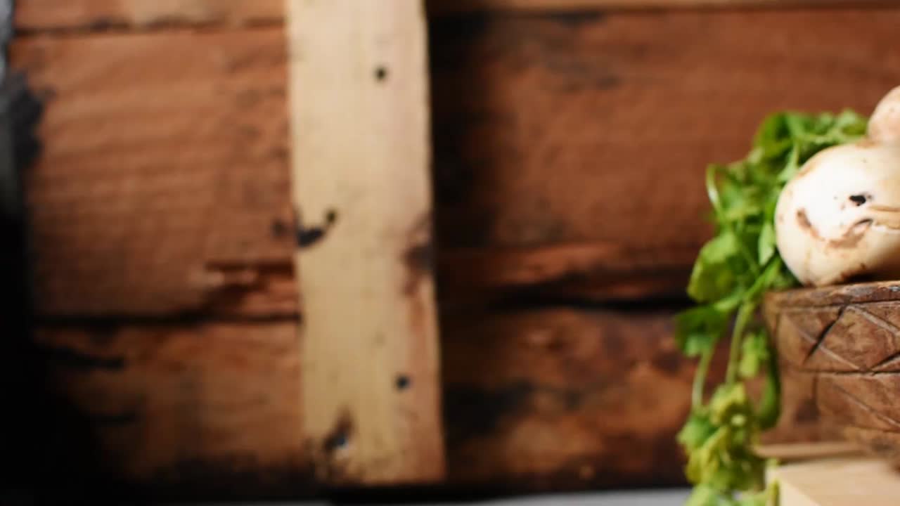 Fresh Mushrooms and Bell Peppers in Rustic Wooden Bowl