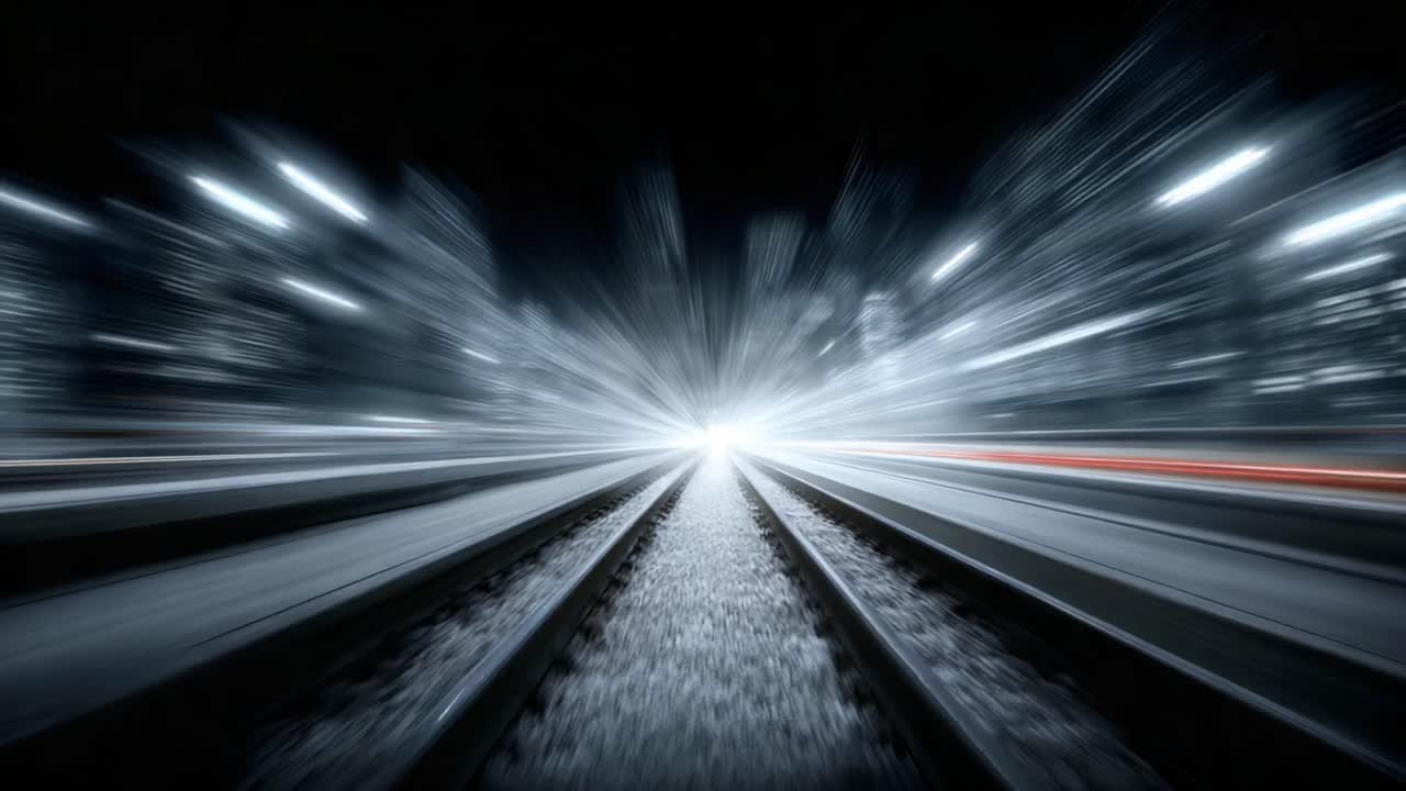 A mesmerizing journey through a blurred landscape, as train tracks converge into a dazzling light, evoking the thrill of speed and adventure in the night