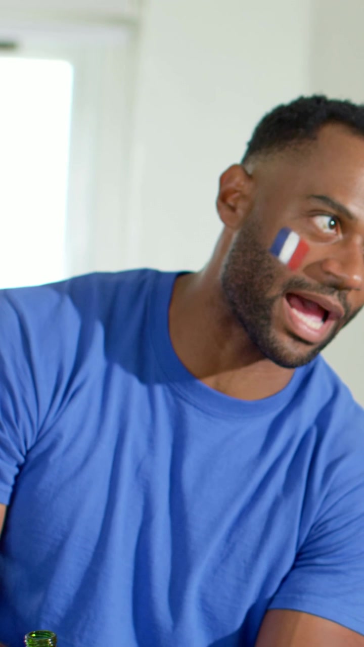 Vertical video: Hearing offscreen man in blue T pointing, talking at home French flag paint bottle