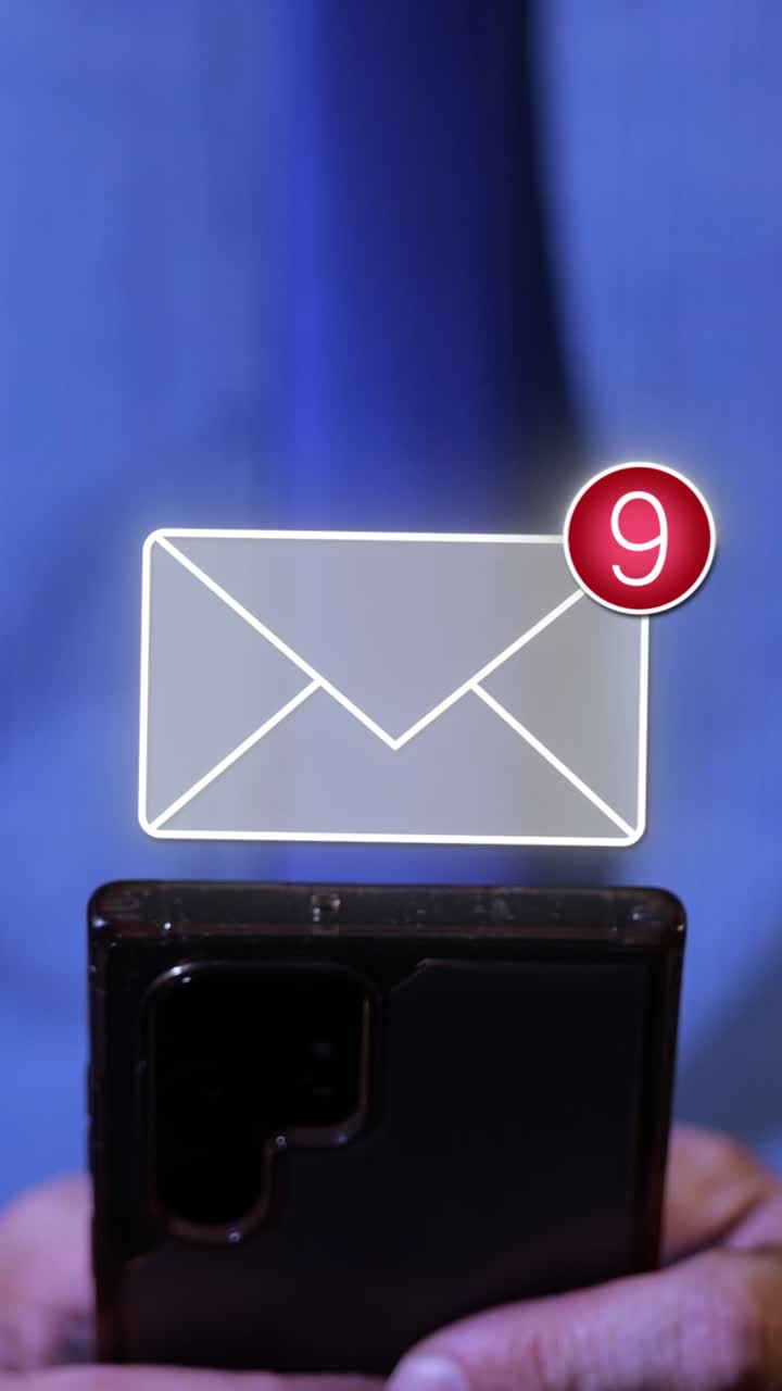 Close-up of man typing on smartphone with animated 3D message appearing. Vertical video