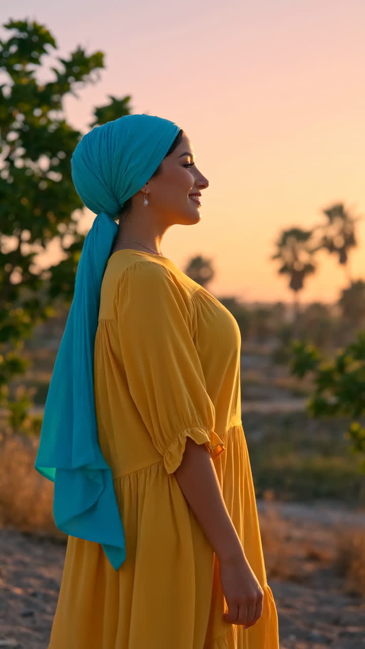 A woman in a yellow dress and blue headscarf smiles at sunset