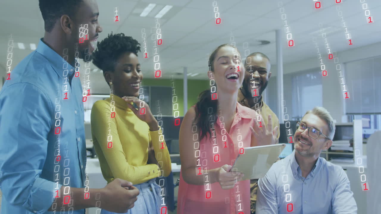 Animation of data processing over diverse colleagues discussing work in office