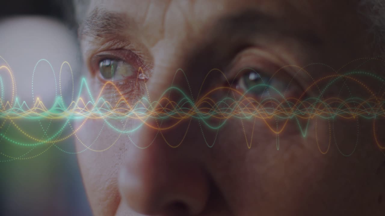 Waveform pulsing eye-level, mature female eyes tracking offscreen point, blinking and showing focus