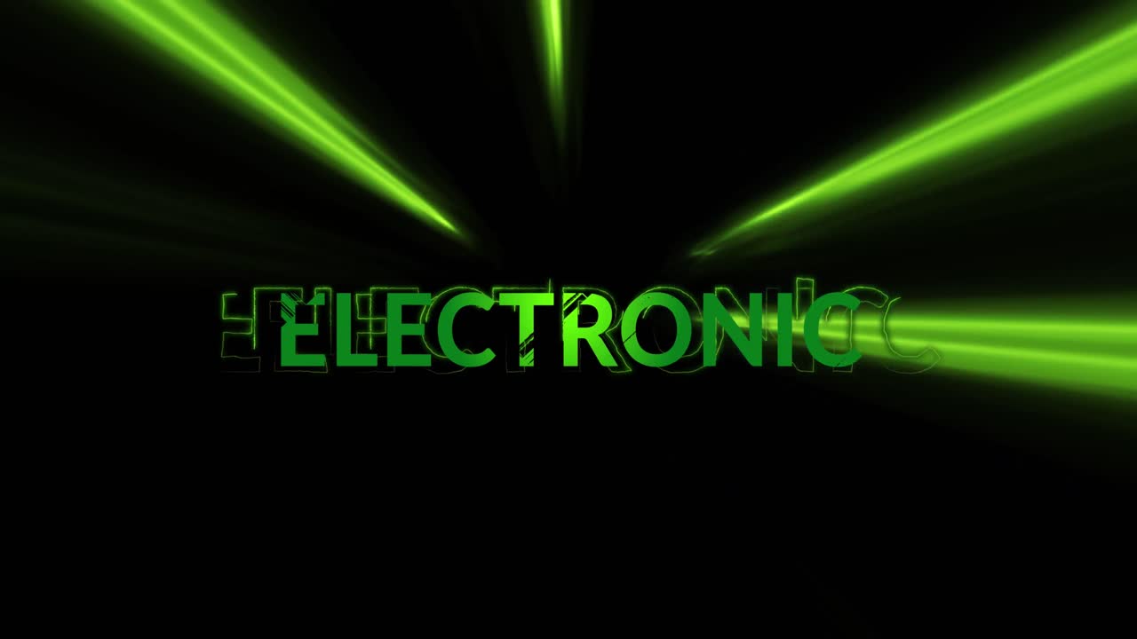 Elektronisen tekstin animaatio neonvalojuovien päällä mustalla taustalla.