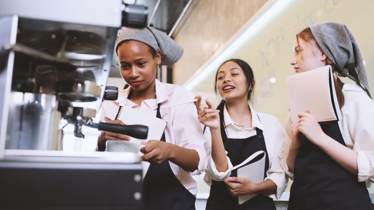Barista learning make coffee by espresso machine. Group schoolgirl ...