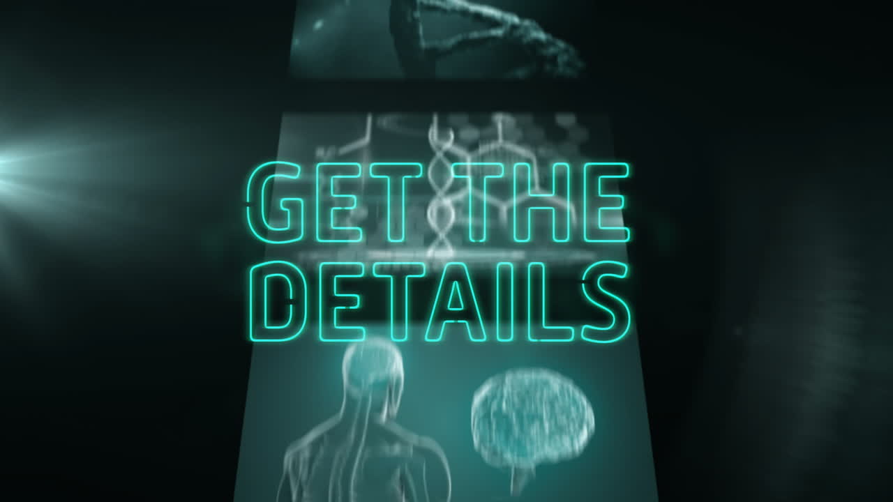 Neon-green GET DETAILS text floating over translucent panels, featuring rotating DNA hologram