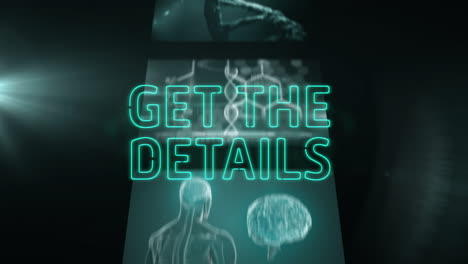 neon-green get details text floating over translucent panels, featuring rotating dna hologram
