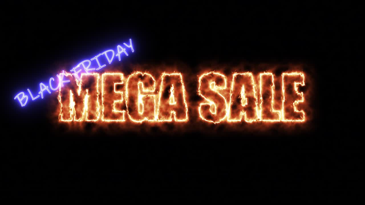 mega venta de viernes negro cartel de neón colorido con fondo negro para promocionar el video. concepto de venta de marca de promoción