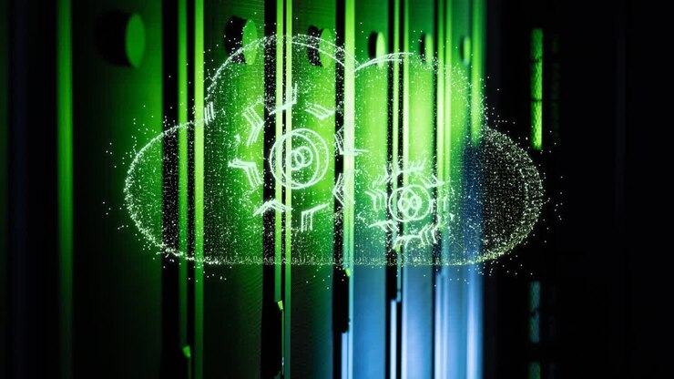 Cloud network processing data over green lit, dark computer server room