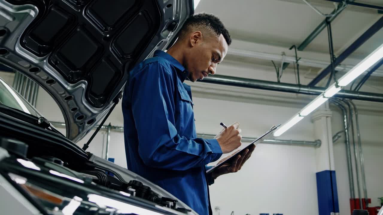 Side angle video of a mechanic in a blue uniform writing on a clipboard, inspecting a car