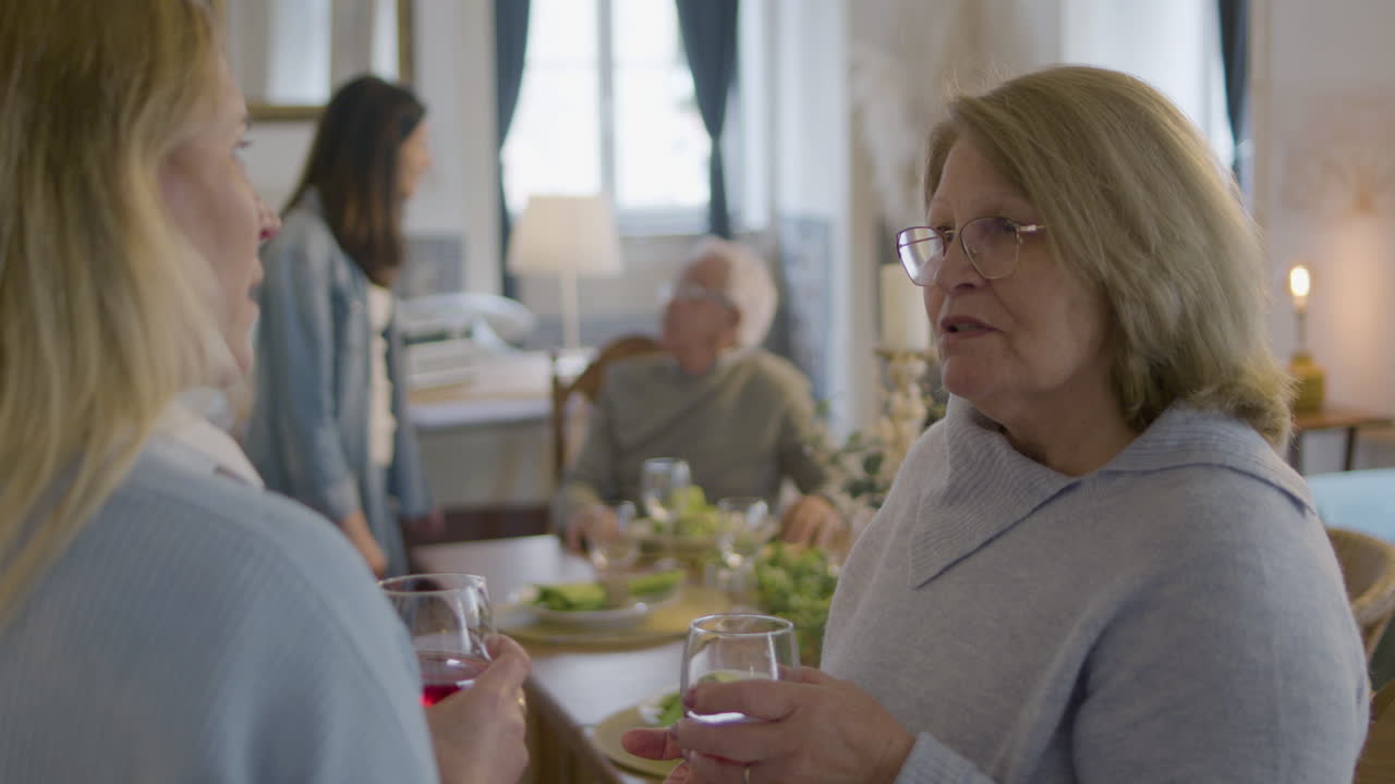 Two Women Standing And Talking At Family Party While Holding Glasses With Wine