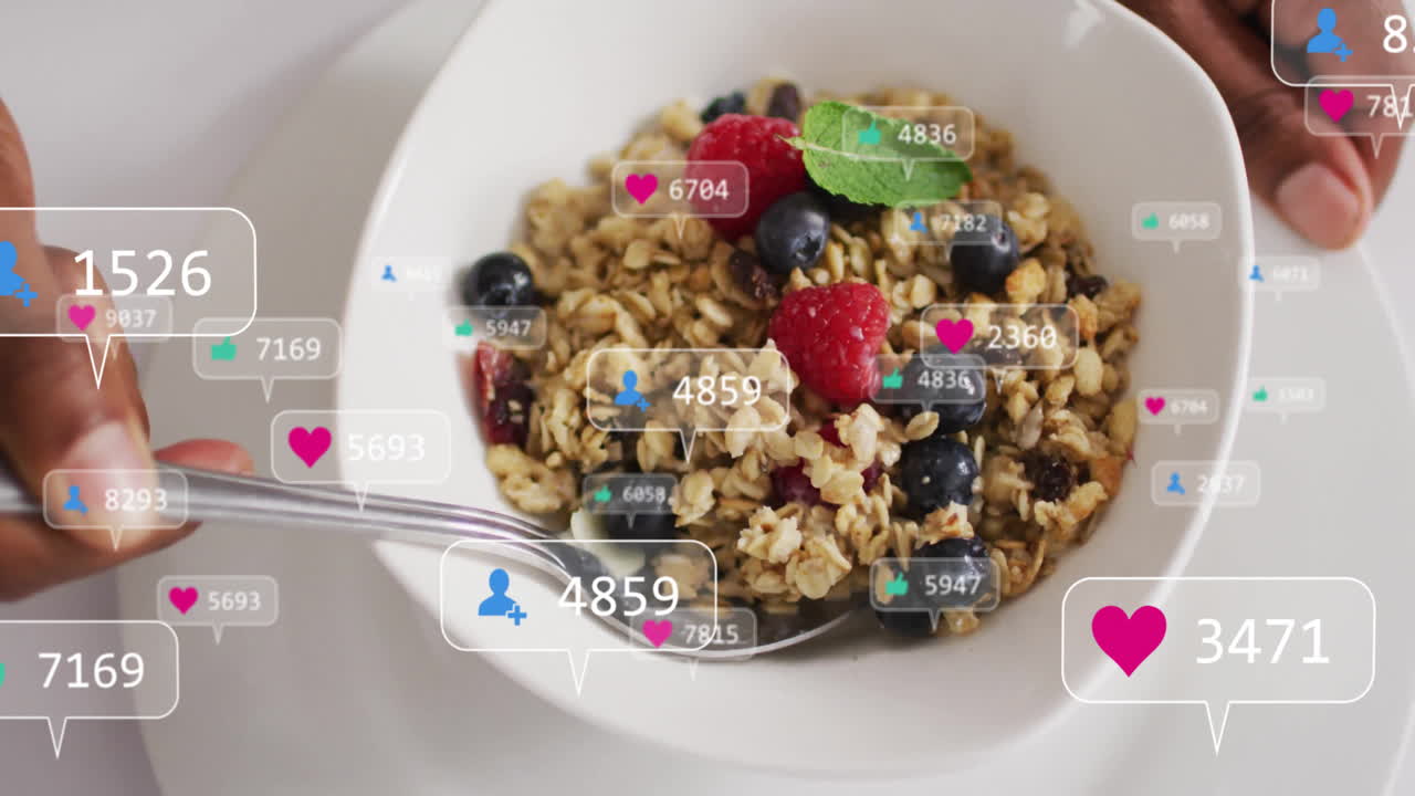 Granola bowl with berries beside animation of social media like and follower icons
