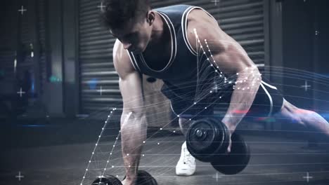 Athlete-performing-push-ups-with-dumbbell-against-the-animated-background