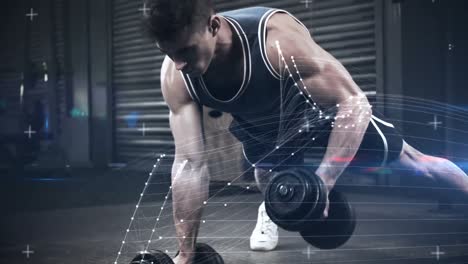 atleta realizando flexiones con mancuernas contra el fondo animado